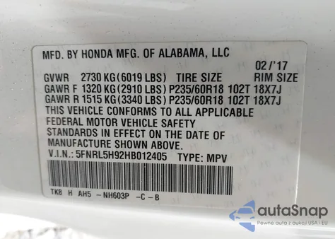 2017 Honda Odyssey Touring/Touring Elite from USA, damaged, VIN 5FNRL5H92HB012405